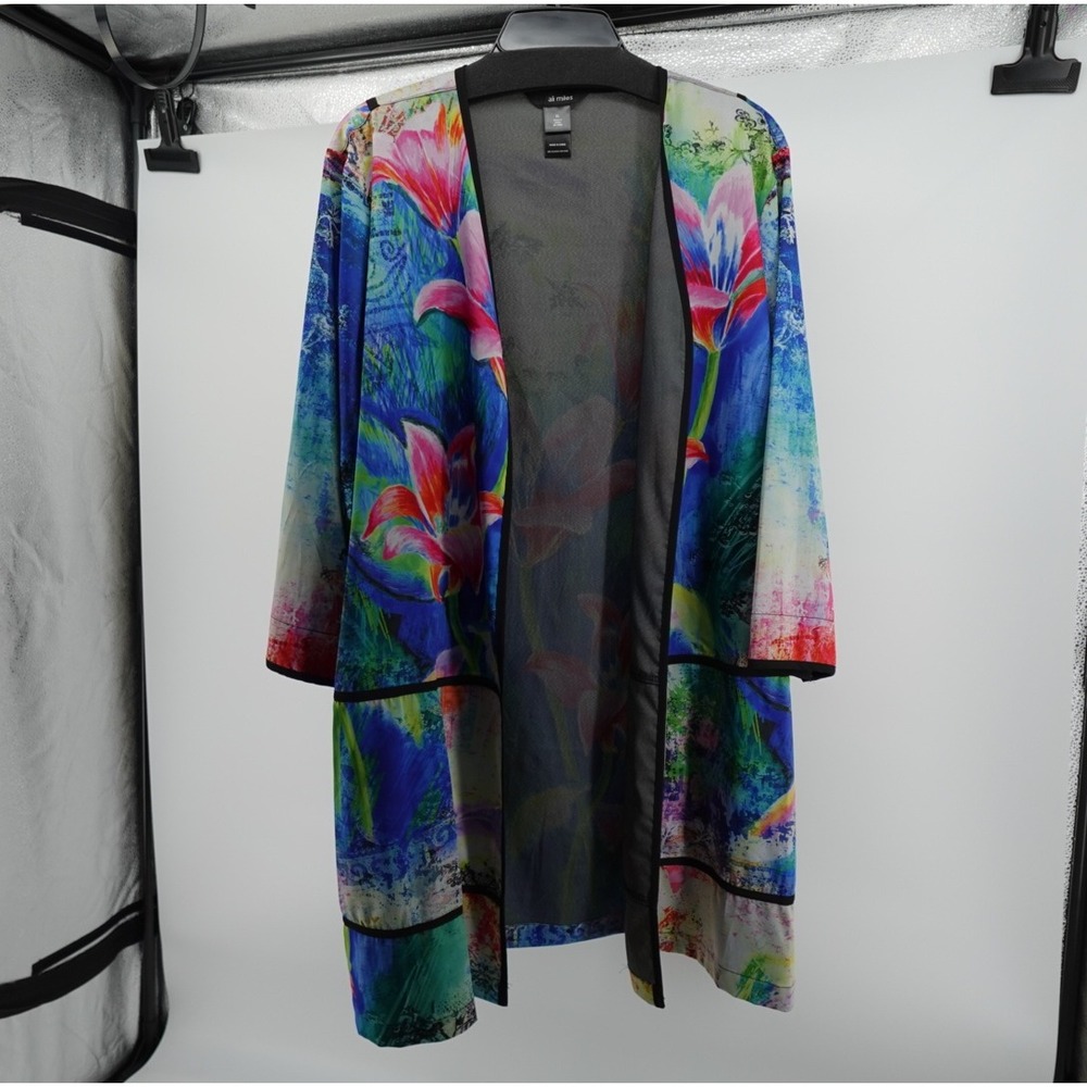 Ali Miles Womens XL Floral Abstract Cardigan Jacket Multi Color 3/4 Sleeve